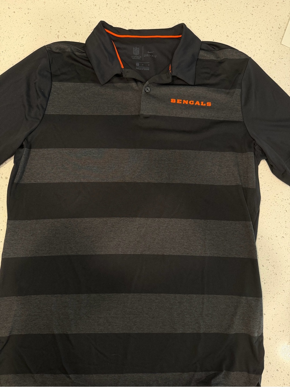 Nike Black and Gray Striped Bengals Polo with Orange Accent